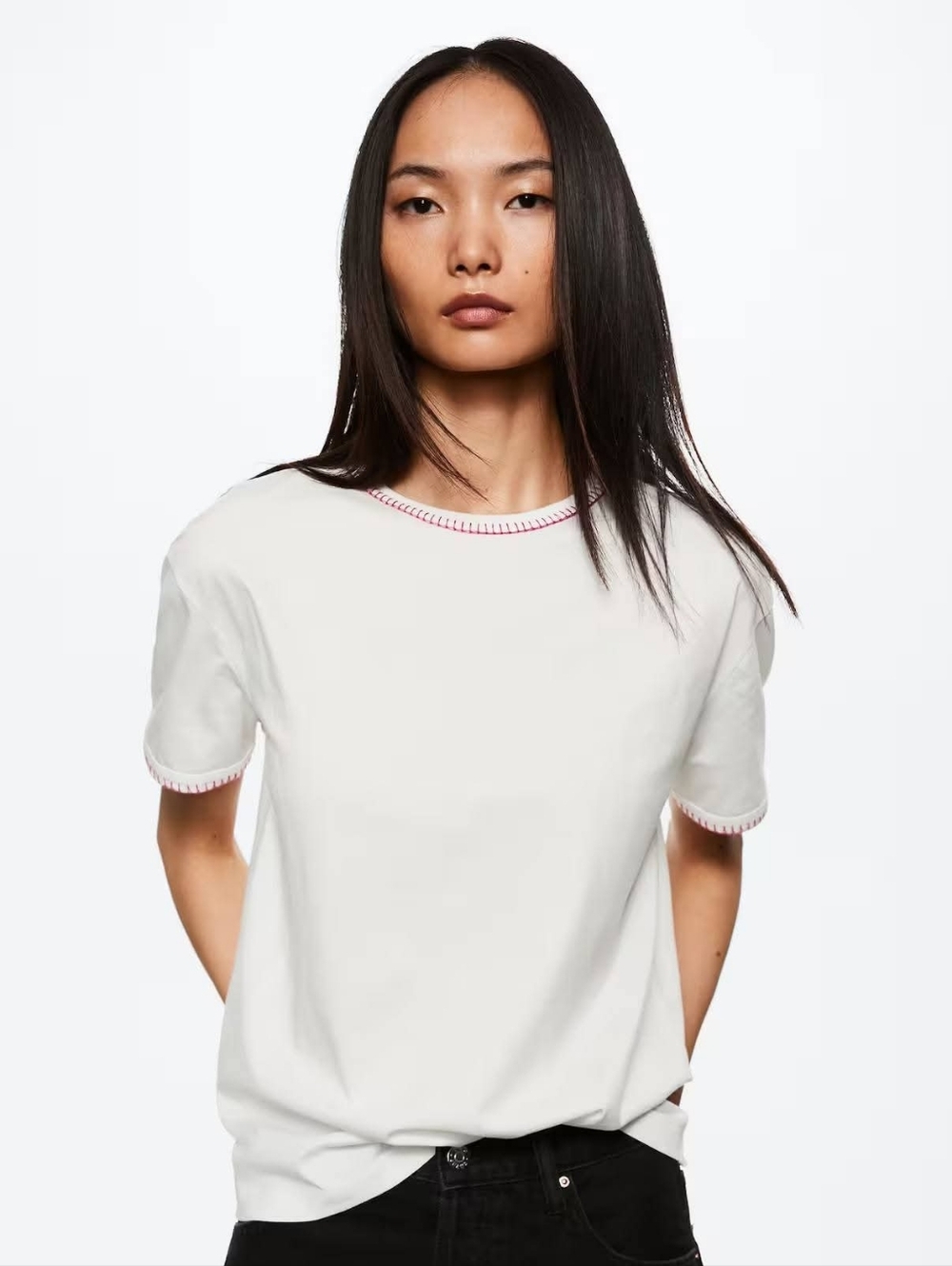 Mango Stitched Tee White Red XS